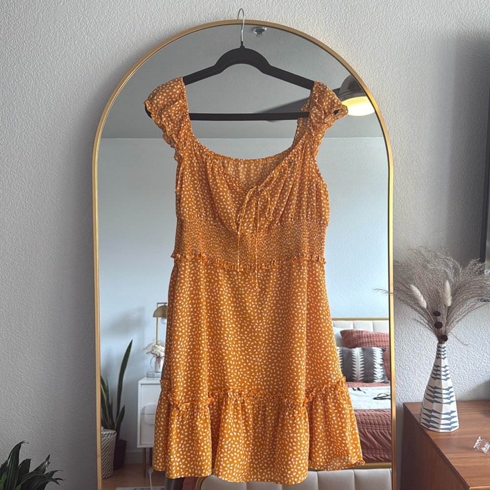 Yobecho Yellow Ruffle Sleeve Sweetheart Neck Dot Dress